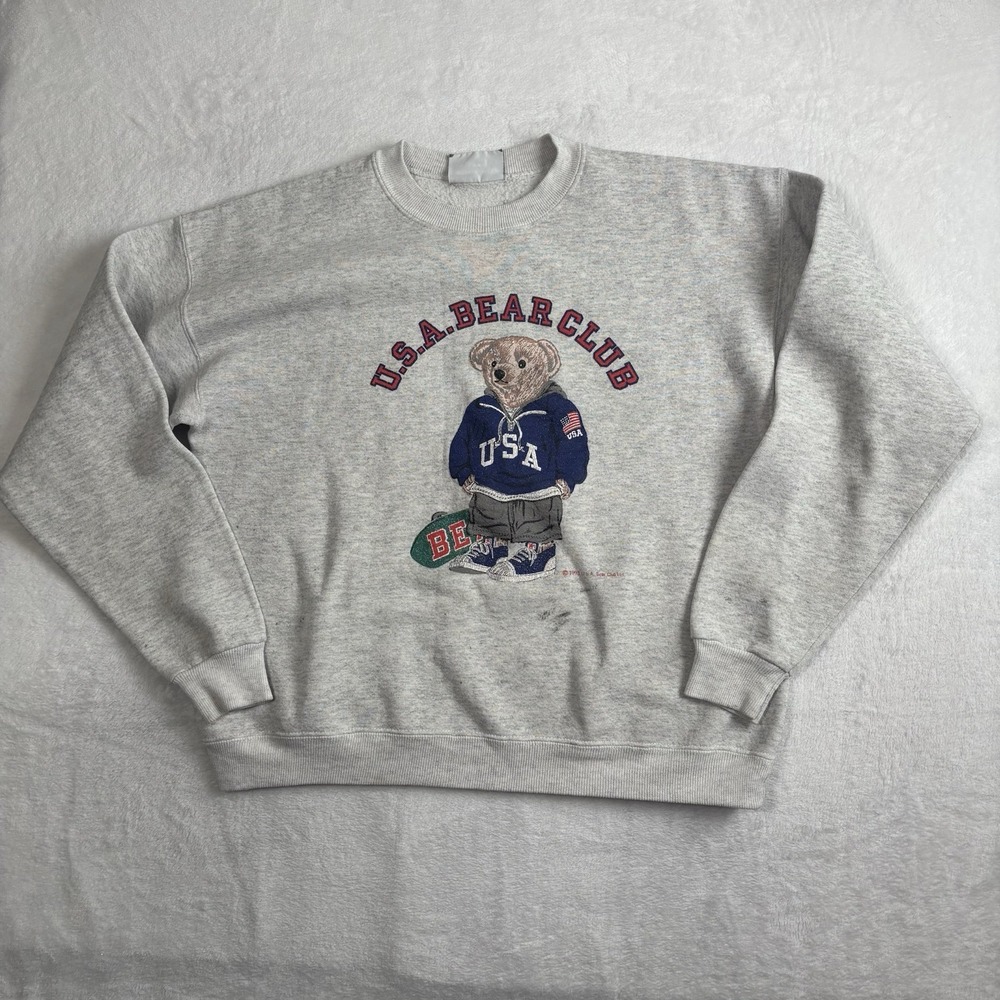 VTG 1993 USA Bear Club Pullover LS Fleece Sweatshirt Polo Parody Men's Medium